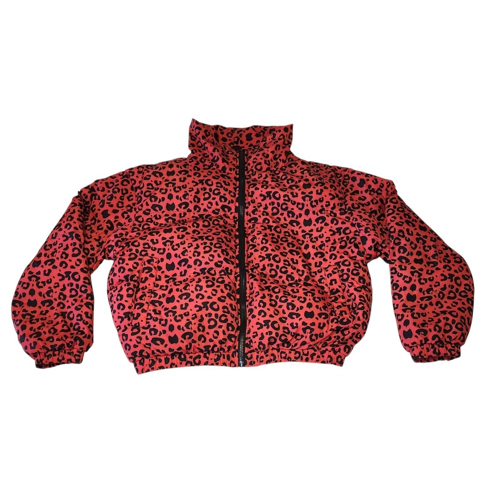 🔥Womens Red Brave Soul Leopard Print Puffer Winter Coat Size M 12 Bomber Jacket